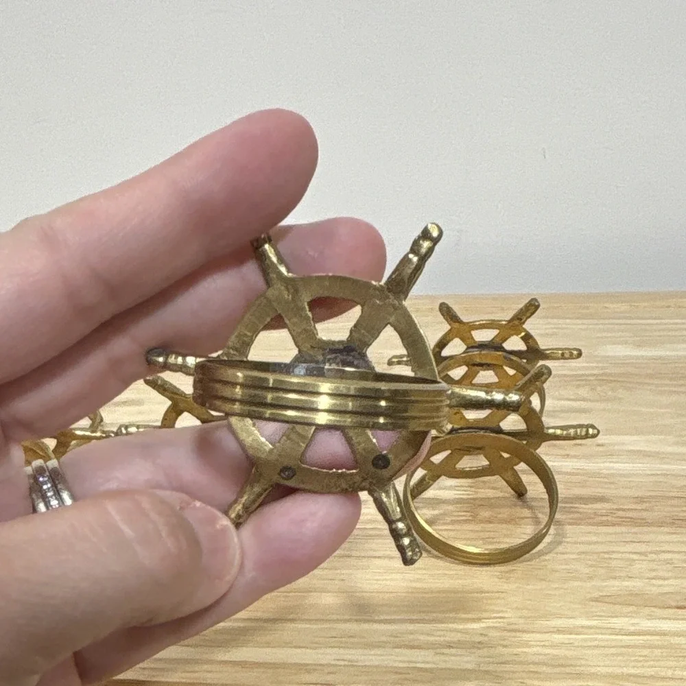 6 Brass Metal Ship Wheel Napkin Rings Nautical Decorative Table Decor Gold Tone